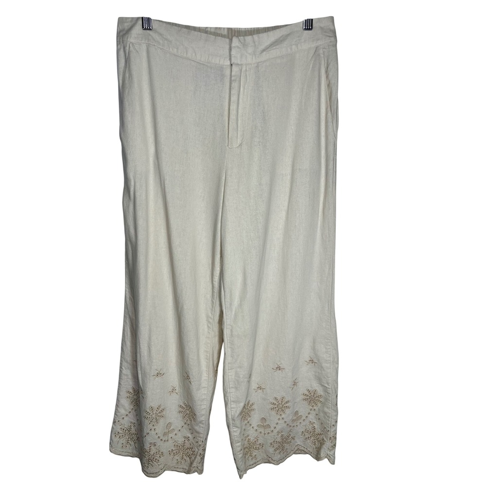 Tahari Women M Cream Linen Eyelet Scalloped Hem Wide Leg Pants Cottagecore